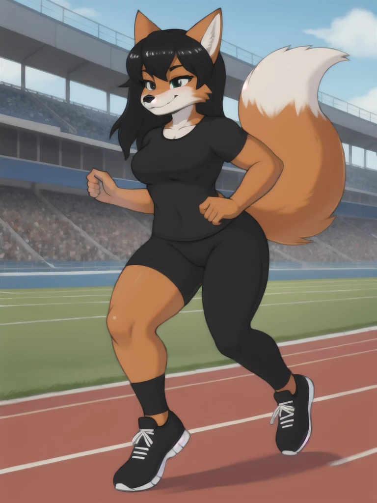 Furry, fox, female, black shirt, black leggings, shoes, running track, friends, full body