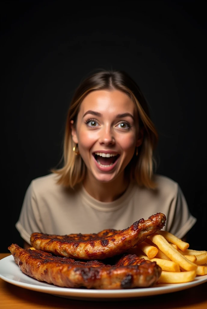Generates an image of an excited and happy young adult woman looking at a delicious plate with large grilled meats and French fries. The background of the photograph must be black and warm tones. Place attractive words above the girl that say "Promotions every day"