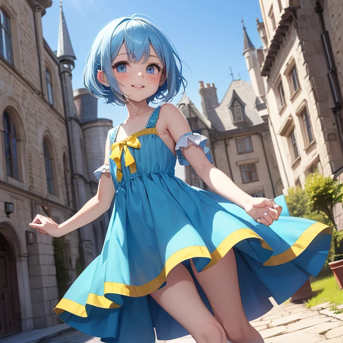 (Absurdres, best high quality)
{1character 8 years old girl}, pale, short thick messy blue hair, heterochromatic eyes, very thin lips, short body, flat chest, cute arms, cute legs, wearing yellow little dress, jumping, playing in the castle, beautiful ???, cute face, cheerful open smile, love, adorable, cheerful, feminine