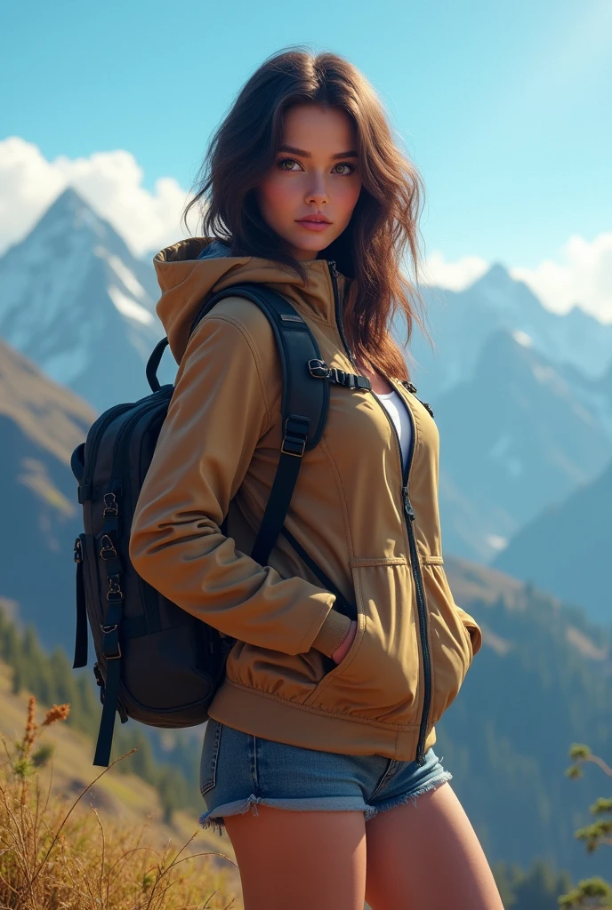 a beautiful woman, detailed face, beautiful eyes, plump body, wearing a jacket, backpack, shorts, standing in nature at a mountain with a blue sky background, ultra-detailed, 4k, hyper realistic, cinematic lighting, dynamic composition, vibrant colors, digital art