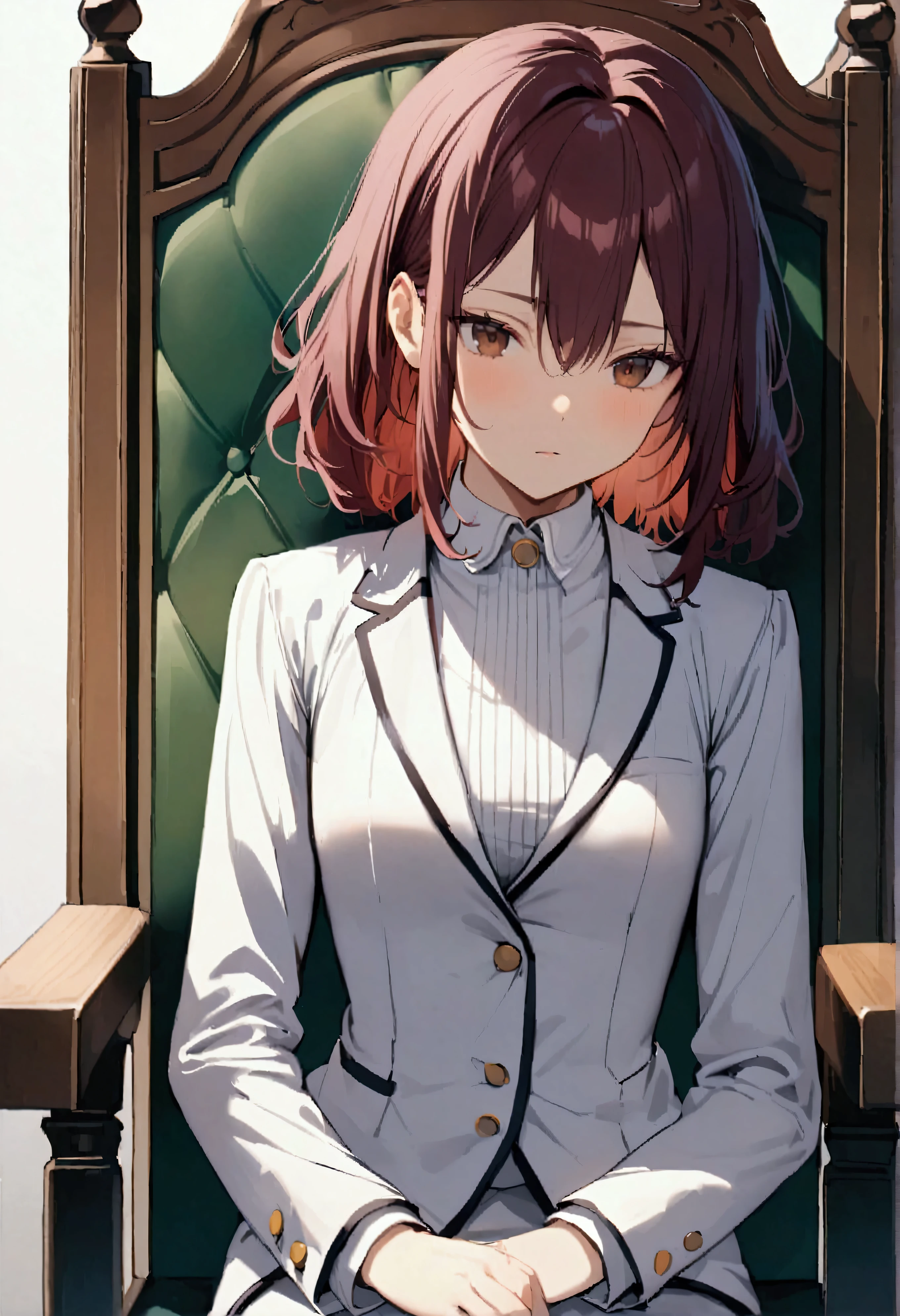 girl, tidy hair, short length hair, maroon hair, Brown eyes, posture of elegance, sitting in a chair, face neutral, white shirt, school blue jacket