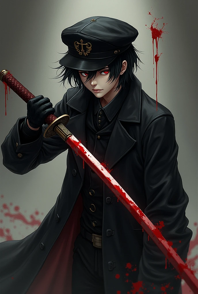 Light skinned, 25 years old Possessed swordsman with red pupils and SHORT black hair wearing a black leather cap, black trenchcoat, black, blood stained gloves and holding a blood stained Odachi (drawing style, not humanized)
