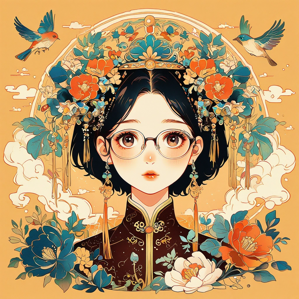 (detailed,high quality)garden scene,Art with coloring book page effect。The background should be completely white,And only the outline of the object should be visible。Artwork should have a line art style,Similar coloring book。It should have a mandala with natural decoration。The overall artwork should have a clean line art style,Similar to color book pages。yellow main color, Short hair. 1 girl. Asian girl. Black eyes. Glasses. Her hair is long with yellow and black highlights,wear glasses,black and yellow color hair