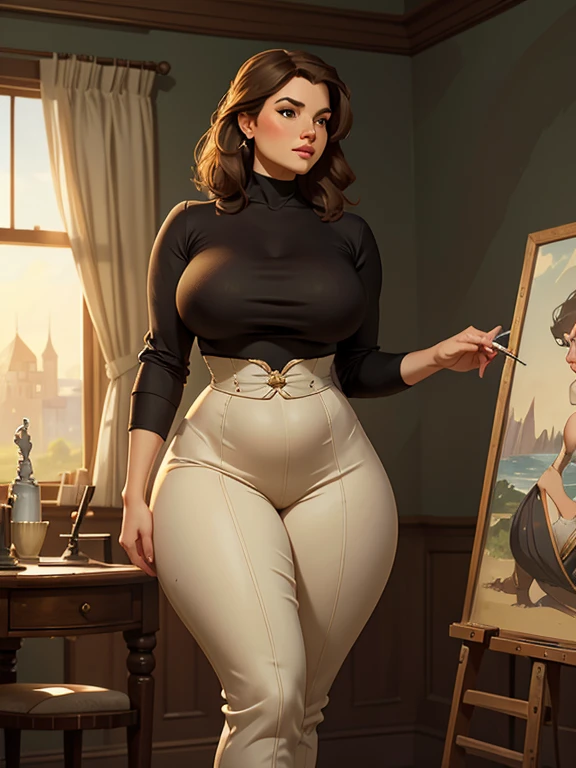 A beautiful woman with large elegant, hawk-like-nose, who embodies old fashioned class, sophistication, elgance as well as wholesome, natural beauty. curvy, chubby-waist, wide-hips, swaying-hips. In the combined styles of painters Greg Rutkowski, Thomas Kinkade
