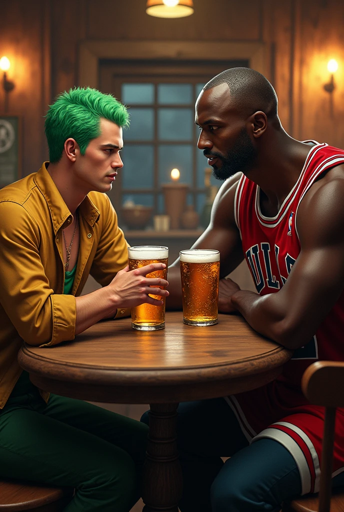 Zoro from One Piece drinking beer with Michel Jordan