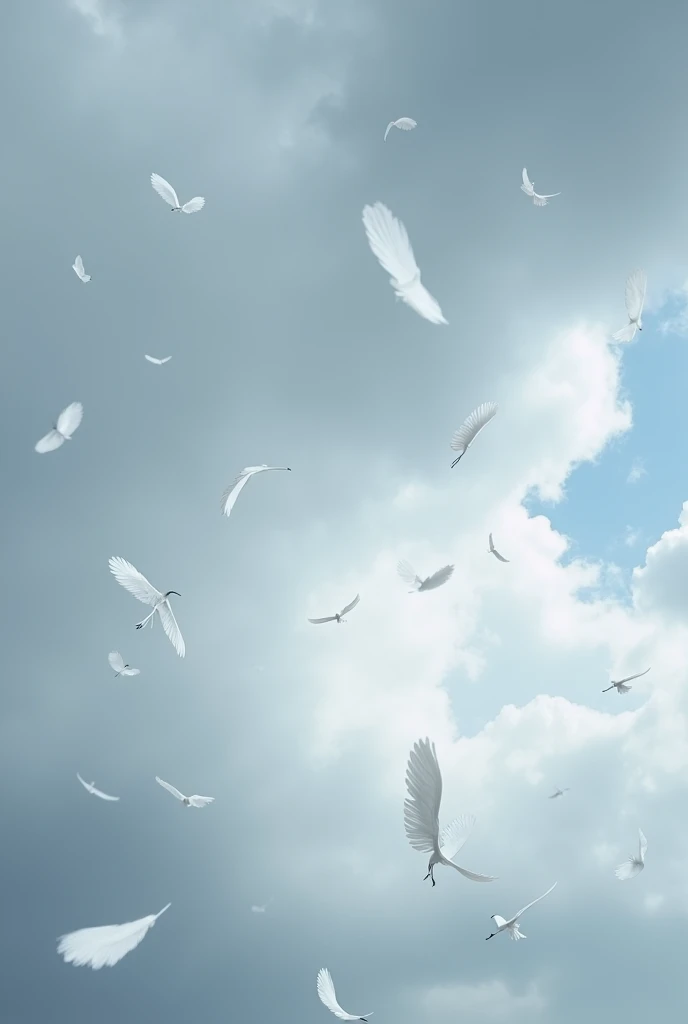 Cloudy sky with gray clouds and falling white bird feathers