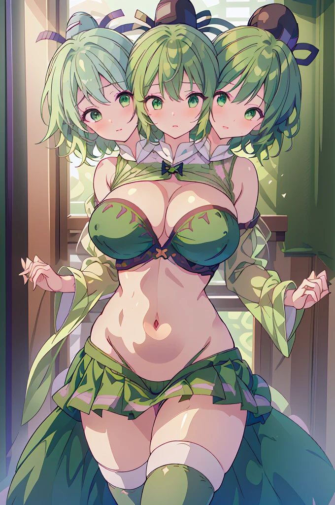 (masterpiece, best quality), best quality, (ultra-detailed), (3heads:1.5), 1girl, (soga no tojiko:1.3), masterpiece, best quality, ultra quality, ultra resolution, ultra detail, dark green top, crop top, ((stomach)), midriff, ((groin)), dark green skirt, normal ears, shackles, green hair, (same hair color), short hair, green eyes, very detailed eyes, parted lips, smiling, sad smile, cute, toned belly, hand on own chest, eyelashes, (24 year old woman:1.3), (masterpiece:1.5), (best quality:1.5), (beautiful detailed), extremely detailed CG, extremely delicate and beautiful, depth of field, (finely detailed face), (perfect details:1.2), (mature female:1.4), wide pelvis, slender, large veiny breast, 16k resolution, highres, very high quality, very high definition, extremely detailed, masterpiece, green hair, short hair, alluring presence, beautiful, short skirt, close up, very big tits, huge breasts, young, ofuda, two ghost tails, girl with three heads, three headed girl,