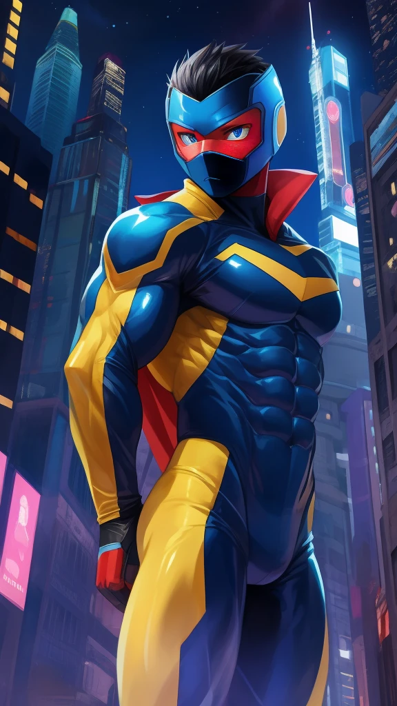 boy, very attractive boy, mexican ethnicity. tan skin, jet black hair, young man, solo, jacked muscle, beautiful musculature, aesthetic striations, inspirational physique, lean muscle, square pecs, beautiful v-taper, great abs and torso, bright bodysuit, standing front, young superhero (young face) ready to fight, top rated pixiv, wears a Bodysuit, very tight bodysuit, chiseled abs, chiseled pecs, with his jet black military haircut and voluminous neck, narrow waist, superhero, white sclera, blue eyes, no horns, brave superhero, human, handsome face, young. City background, skyscraper, futuristic city, night, stars, night lights, skill image, looking to the viewer, hero whose presence inspires trust and respect. (((His hero suit is black and blue.))) (((BACK))) huge and firm muscular thighs, round buttocks and round butt inward with the back, shapely buttocks, firm ass ((firm and shapely buttocks))