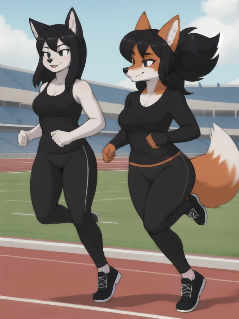 Furry, fox, female, black shirt, black leggings, shoes, running track, friends, full body