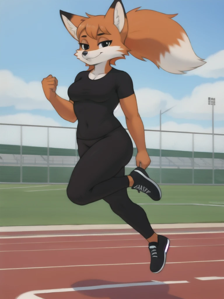 Furry, fox, female, black shirt, black leggings, shoes, running track, friends, full body