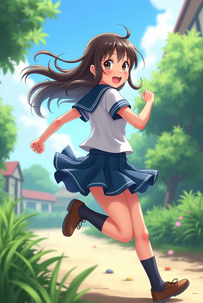 A girl with long hair wearing a sailor uniform runs past me, smiling and looking back at me.