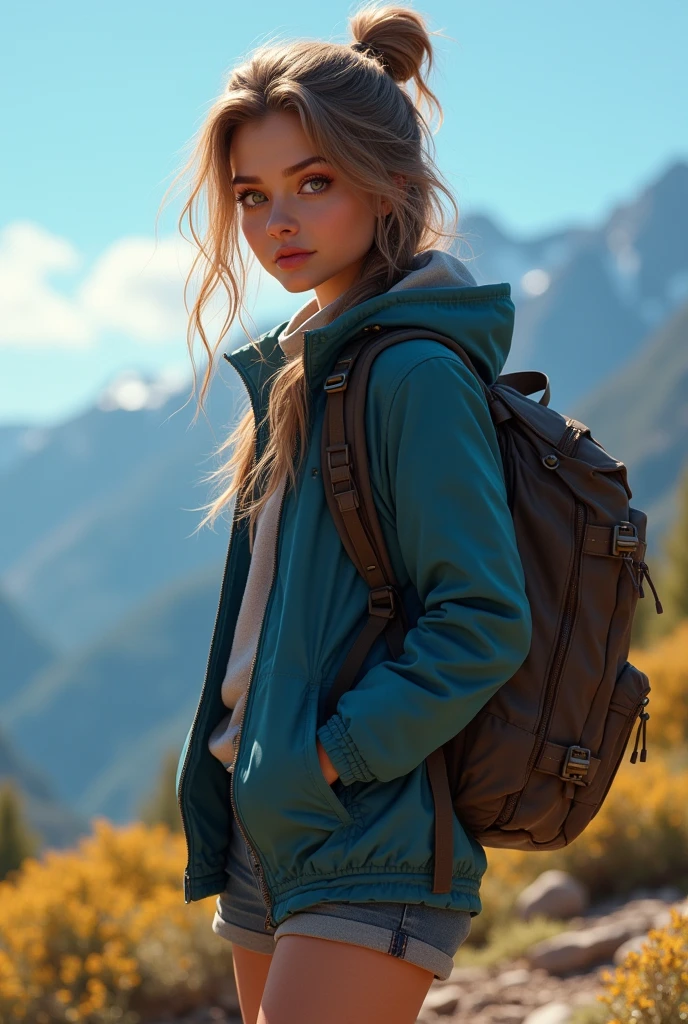 a beautiful woman, detailed face, beautiful eyes, plump body, wearing a jacket, backpack, shorts, standing in nature at a mountain with a blue sky background, ultra-detailed, 4k, hyper realistic, cinematic lighting, dynamic composition, vibrant colors, digital art