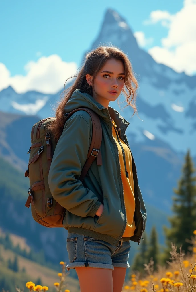 a beautiful woman, detailed face, beautiful eyes, plump body, wearing a jacket, backpack, shorts, standing in nature at a mountain with a blue sky background, ultra-detailed, 4k, hyper realistic, cinematic lighting, dynamic composition, vibrant colors, digital art