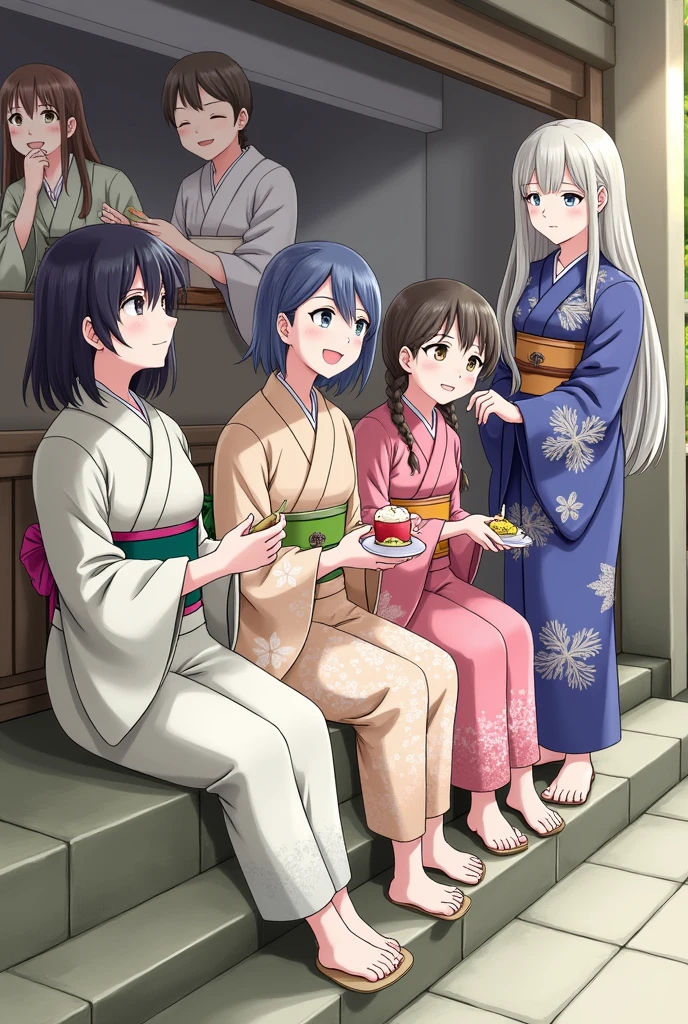 A group of five people in yukata sitting on stone steps, holding things they bought at a food stall, facing left