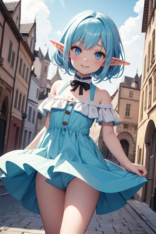 (Absurdres, best high quality)
{1character elf girl}, pale, short thick messy azure blue hair, heterochromatic eyes, very thin lips, short body, flat chest, cute arms, cute legs, wearing yellow little dress, jumping, playing in the castle, beautiful kid, cute face, cheerful open smile, love, adorable, cheerful, innocent, pure