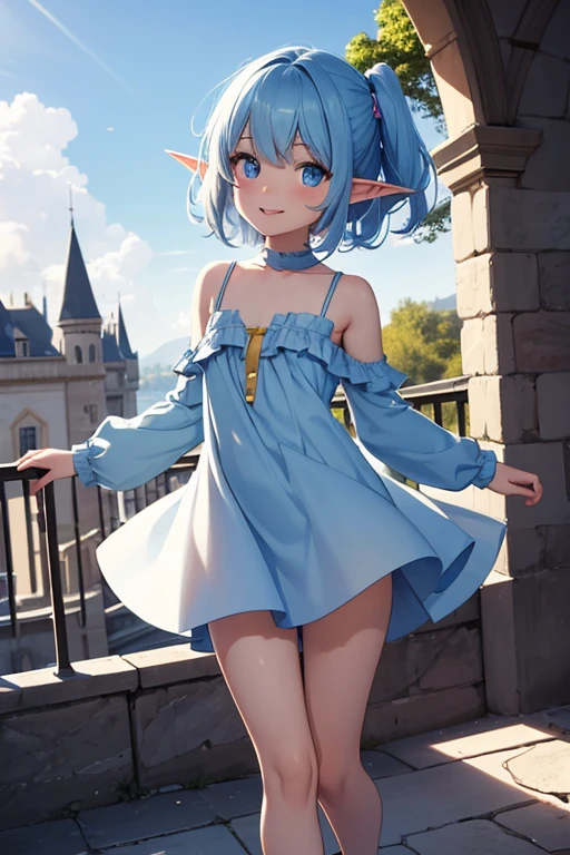 (Absurdres, best high quality)
{1character 8 years old elf girl}, pale, short thick messy azure blue hair, heterochromatic eyes, very thin lips, short body, flat chest, cute arms, cute legs, wearing yellow little dress, jumping, playing in the castle, beautiful kid, cute face, cheerful open smile, love, adorable, cheerful, innocent, pure