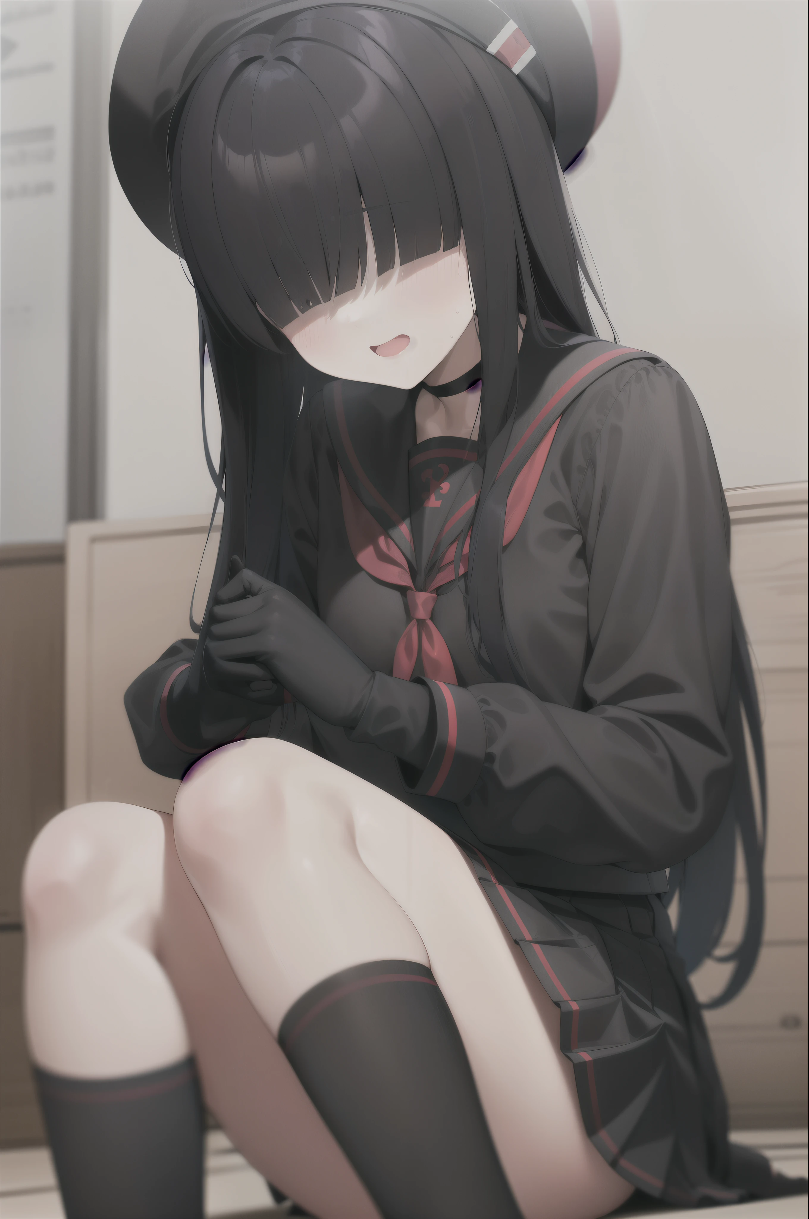 masterpiece, Highest_quality, One girl, alone, Justice Committee Club Member \(Blue Archive\), Blue Archive, Black Hair, Blunt bangs, Black choker, Black gloves, Black Hat, Black sailor collar, Seraph of the Black, Black Shirt, Black Skirt, Black socks, Hair above the eyes,