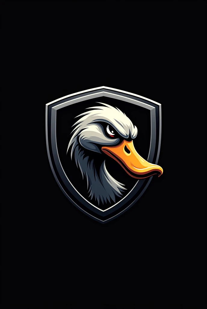 Logo with an angry duck in profile inside a shield with a black background giving a sense of speed and below written: Duck automotive aesthetics