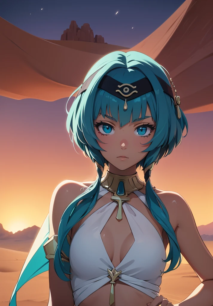 (High Detail:1.2) Anime Girl, (Cinematic Lighting, Delicate Colors), (Desert:1.2), Lighting Calm, Wind, Fog. Turquoise, delta tones.