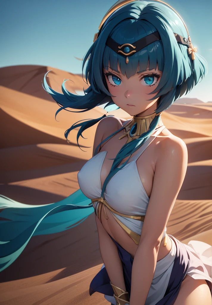 (High Detail:1.2) Anime Girl, (Cinematic Lighting, Delicate Colors), (Desert:1.2), Lighting Calm, Wind, Fog. Turquoise, delta tones.