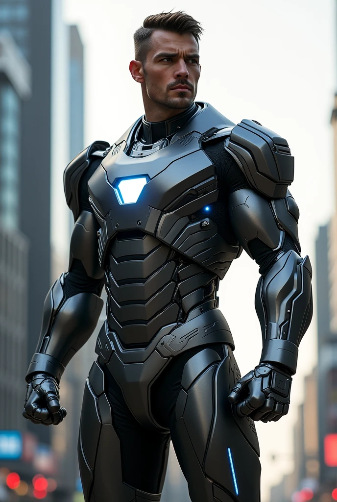 Create a superhero character who wears an advanced armor with powers similar to Iron Man. The armor should have a sleek and futuristic design, equipped with high-tech gadgets and energy shields. Showcase the superhero's abilities in aerial combat and energy blasts, and also highlight their personality—are they a determined leader or a self-assured genius? Include unique features and weaponry in the armor that enhance their superpowers."