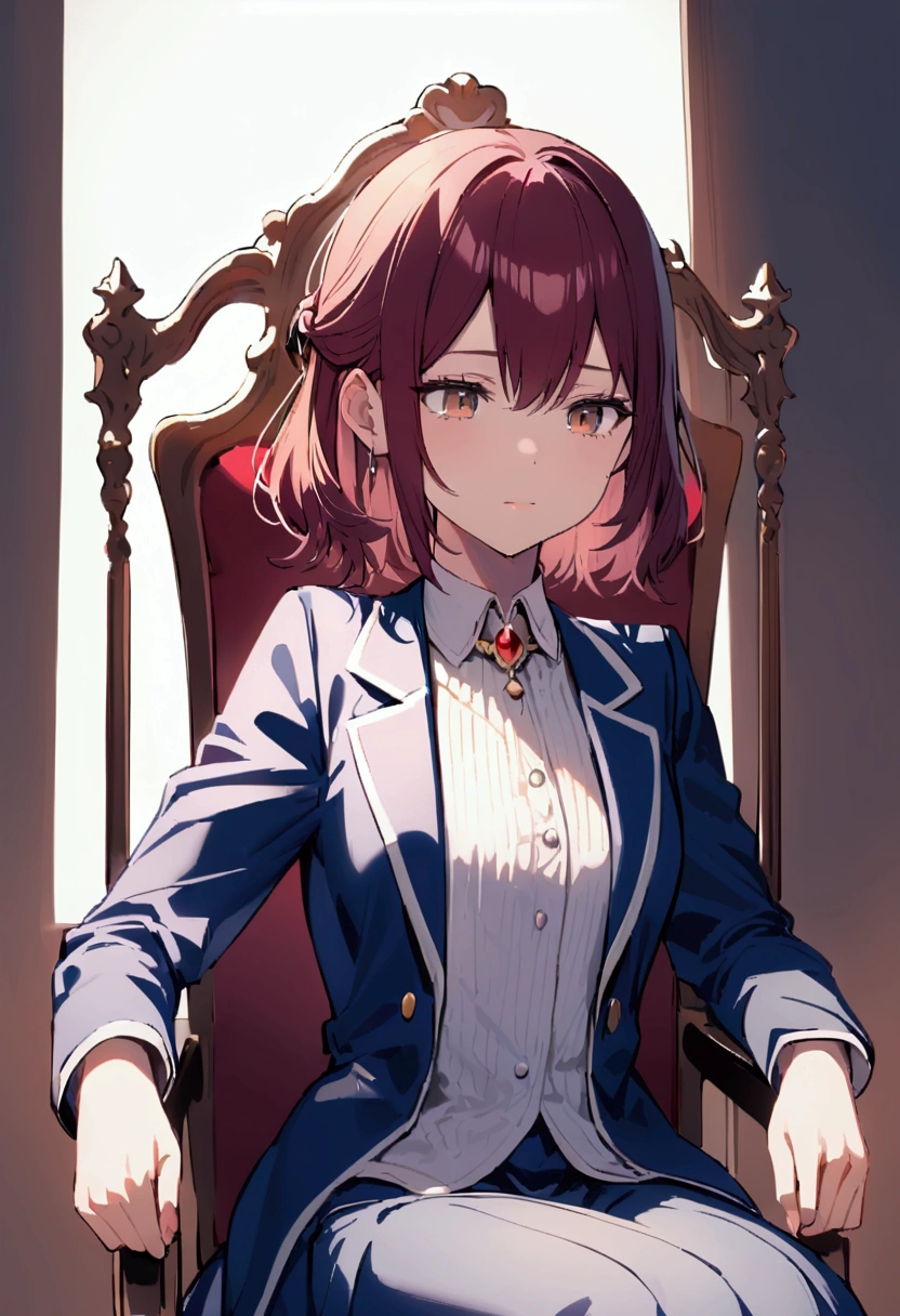 Teenage girl, tidy hair, short length hair, maroon hair, Brown eyes, posture of elegance, sitting in a chair, face neutral, white  shirt, school blue jacket