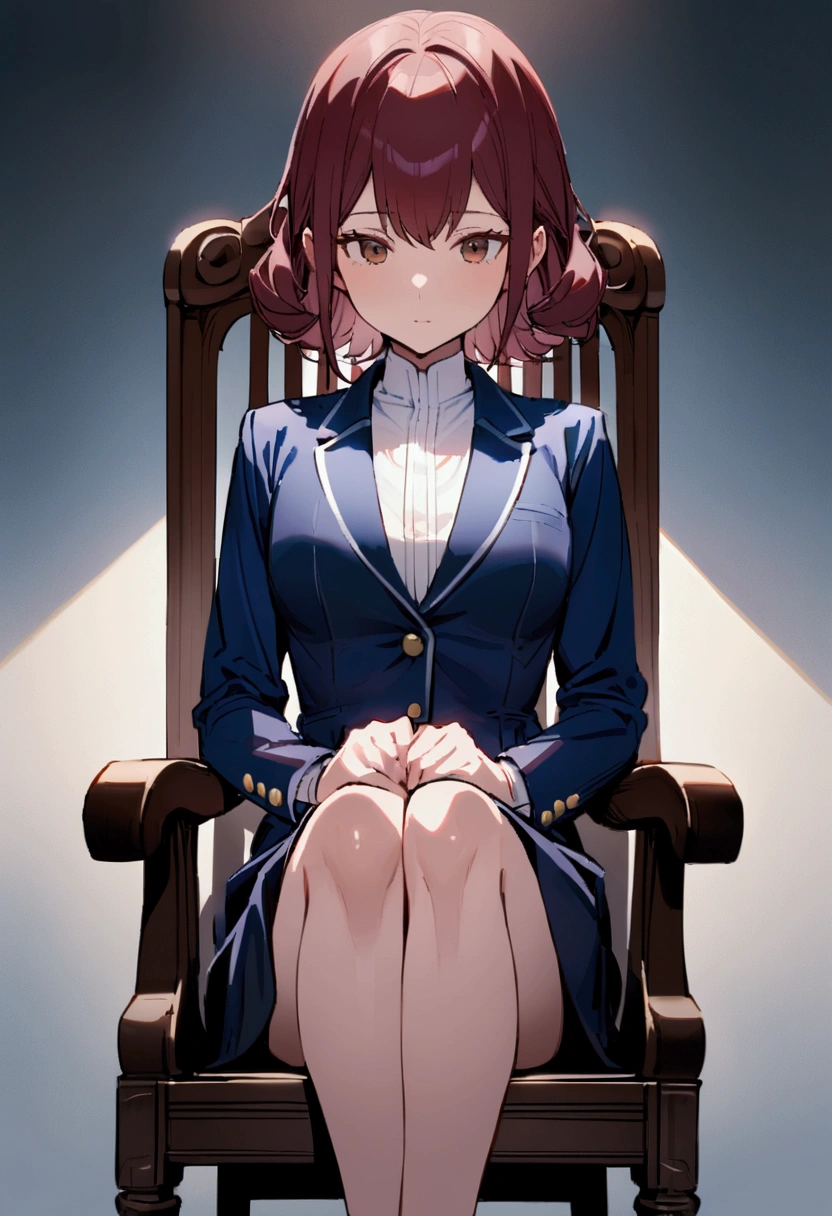  girl, tidy hair, short length hair, maroon hair, Brown eyes, posture of elegance, sitting in a chair, face neutral, white  shirt, school blue jacket