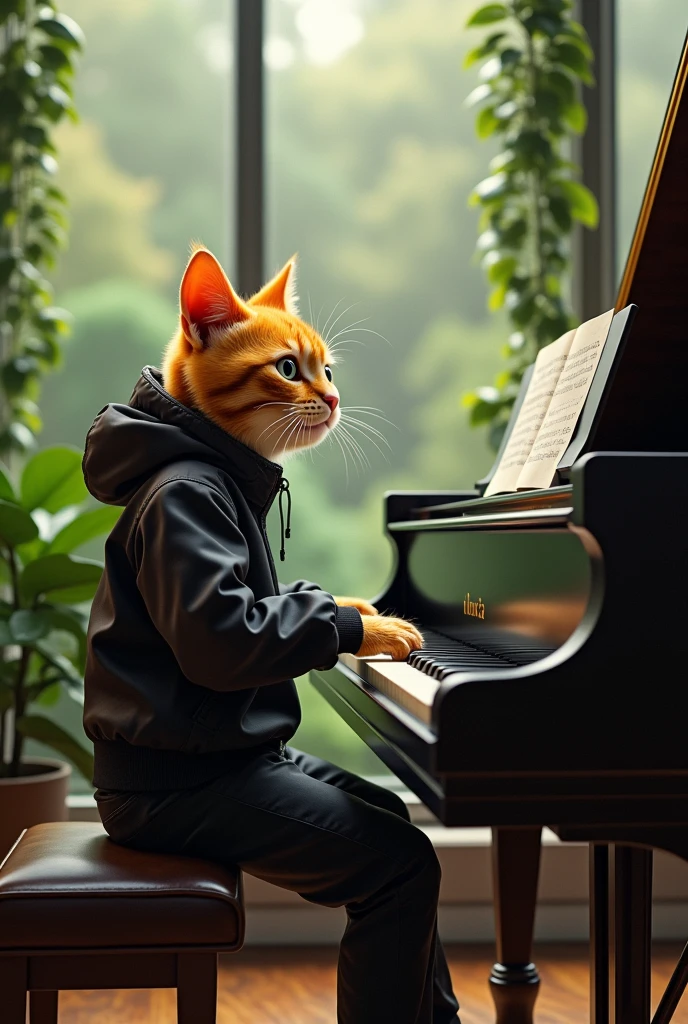 Humanoid orange cat playing a song in front of a professional piano ,sitting in front of a window through which you can see an interior garden ,,He has a black or grey waterproof urban warm jacket and urban pants., he is playing the piano... He looks tender and youthful at the same time ,He is a cat who likes to play the piano but he is not the same height as a human..