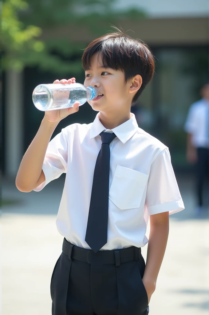 A school boy drink water from bottle with white uniforms