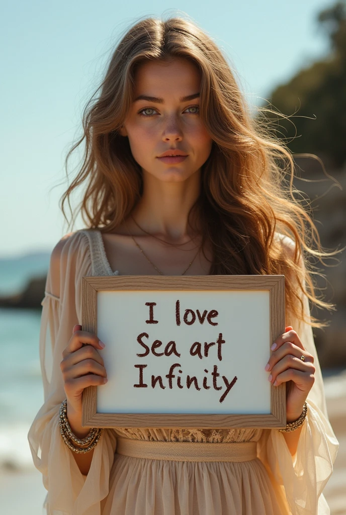 Beautiful girl with wavy long hair, bohemian dress, holding a white board with text "I Love Seaart Infinity" and showing it to the viewer