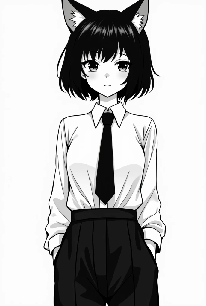  draw a girl who is 1.75 meters tall, with short black 360 wolfcut, wearing a shirt, black tie, and wide-legged black pants in the artstyle of the manga Sakamoto Days, slanted eyes