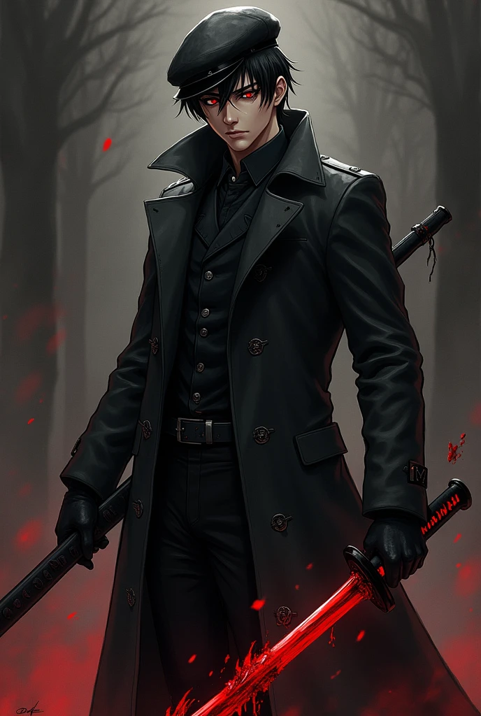 Light skinned, 25 years old Possessed swordsman with red pupils and SHORT black hair wearing a black leather cap, black trenchcoat, black, blood stained gloves and holding a blood stained Odachi (drawing style, not humanized)