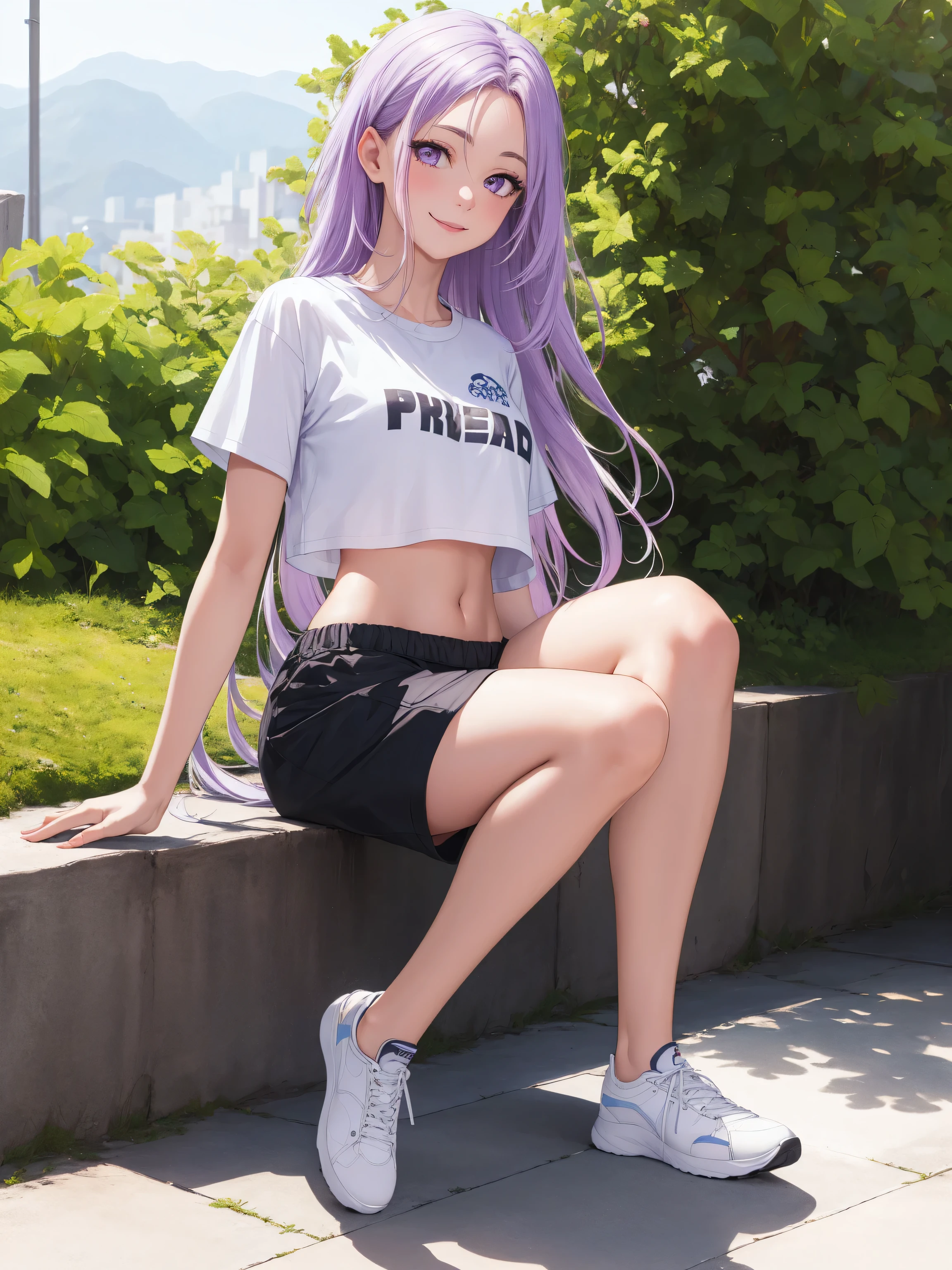 (extremely detailed CG unity 8k wallpaper),(masterpiece),(best quality),(ultra-detailed),(best illustration),(best shadow),1girl, solo, purple eyes, looking at viewer, long hair, closed mouth, purple hair, bangs, outdoors, sidelocks, pale skin, no pupils, pretty, full body, wearing a white cropped t-shirt, black shorts, small breasts, 34 years old, adult, smiling, hair down, mature, athletic shorts, crop top