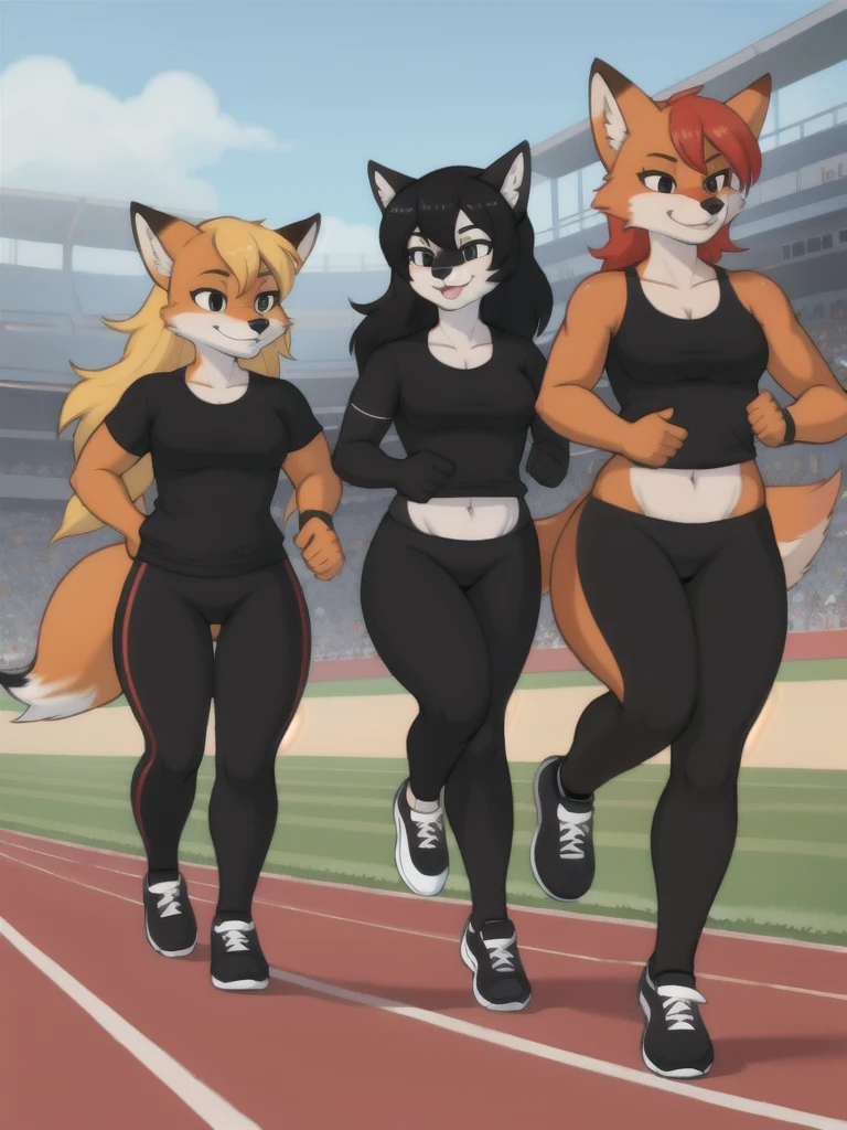 Furry, fox, female, black shirt, black leggings, shoes, running track, friends, full body