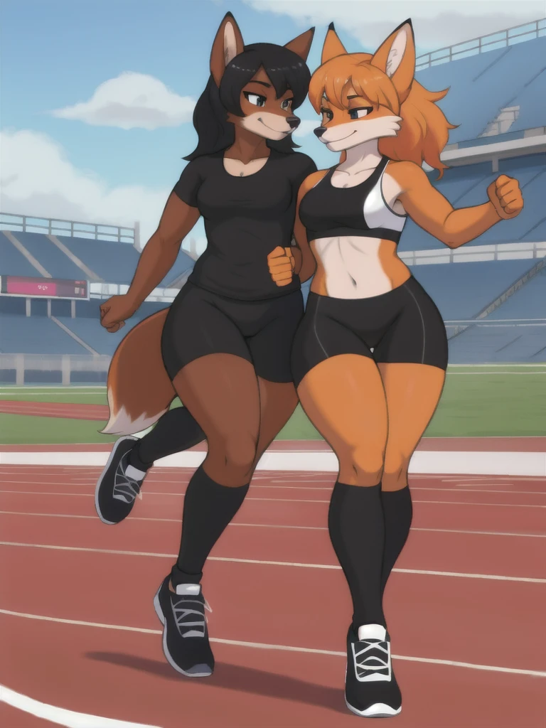 Furry, fox, female, black shirt, black leggings, shoes, running track, friends, full body