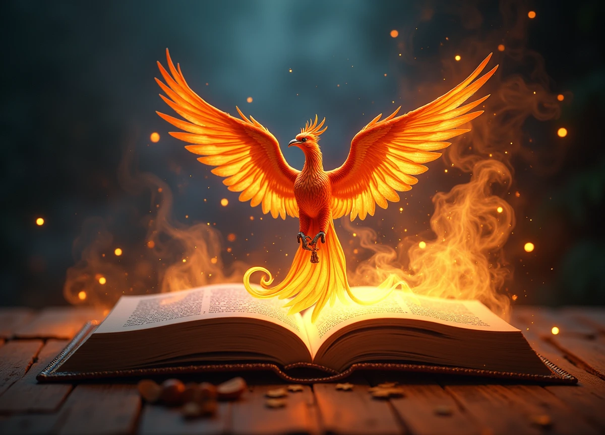 A book is open in the middle and a magician with a phoenix comes out from inside.