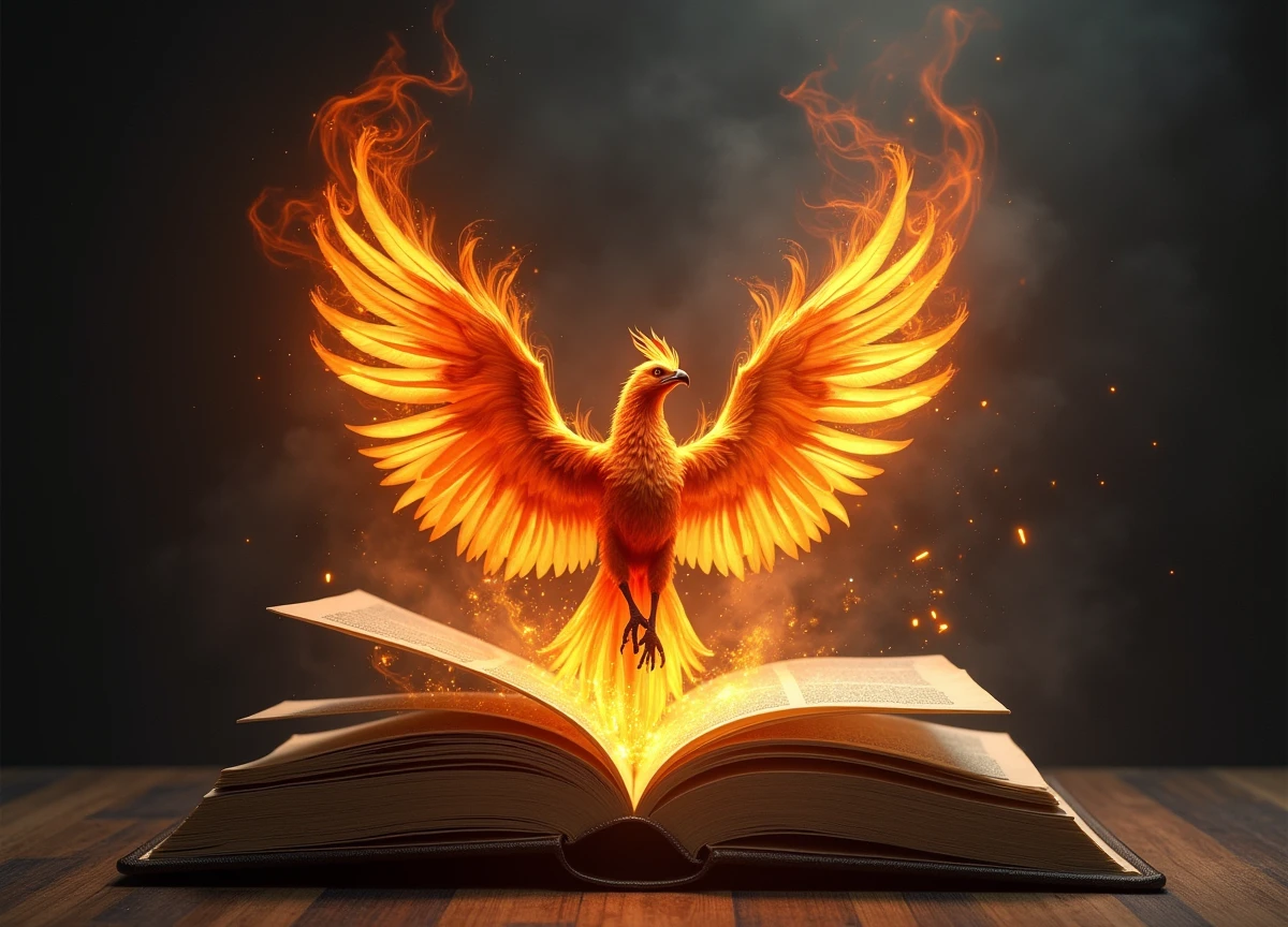 A book is open in the middle and a magician with a phoenix comes out from inside.