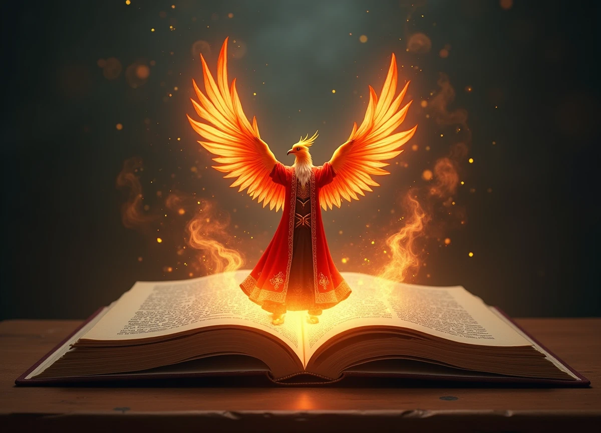 A book is open in the middle and a magician with a phoenix comes out from inside.