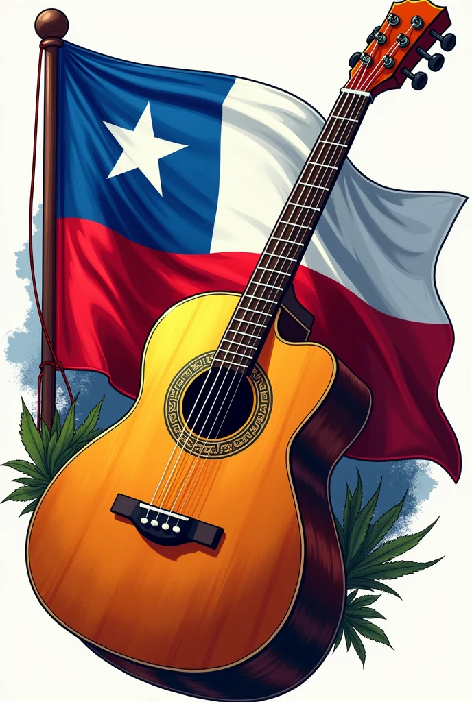 I need a logo that says "Mario Cards: The Temucano Arica" (This text is the most important part of the logo), with the Chilean flag waving in the background and musical context, specifically acoustic guitar.