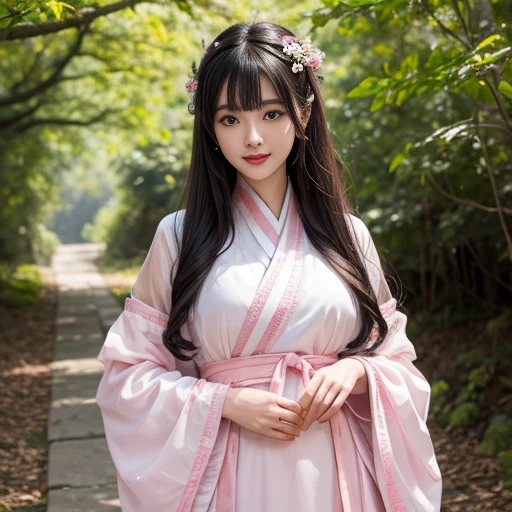 best quality, Delicate face,beautiful visual work, lifelike, eternity, black hair, Long curly hair, blunt bangs, Smile, Detailed Background, Delicate face,blush,cold,((masterpiece))、(top quality)、8k、high detail、Super detailed,31-year-old female,身穿唐制Hanfu、waist skirt, Clothes are light and fluffy,Hanfu, wide sleeves, Transparent sleeves, Tunic, Clothes made of chiffon, masterpiece、born、Scenes resembling fairy tale illustrations、intricate details和複雜的設計、Beautifully、magic、capricious、 Beautifully、Dream aesthetics、「𝓡𝓸𝓶𝓪𝓷𝓽𝓲𝓬、ethereal、charming、fickle、magic」、realism、Visual effects、FXAA、SSAO、Shader、voiceless、ambient lighting、Tone mapping、High resolution、Ultra high quality、Million pixels、(8K resolution:1.10)、8k、8k以下、8K resolution、high detail、intricate details, (high quality:1.2、masterpiece:1.2、:1.21)、(31-year-old female:1.21)、(興奮地Smile)、(被dream般的氛圍所包圍、Model diagram,full-body shot,Normal 2 feet,Put your hands behind you,The protrusion of the breast is visible when wearing clothes, Large Breasts, H cup chest, antiquity, Xian Xia, gauze clothes, Soft and fluttering, Fairy, dream, fantasy, light, Elegant, nature, Immortal, romantic, classical, ribbon, pink clothes, in tall woods, In the woods like a martial arts drama, Don't show your fingers