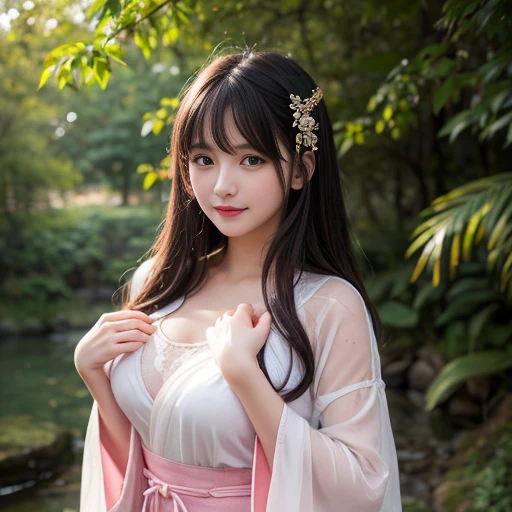 best quality, Delicate face，beautiful visual work, lifelike, eternity, black hair, Long curly hair, blunt bangs, Smile, Detailed Background, Delicate face，blush，cold，((masterpiece))、(top quality)、8k、high detail、Super detailed，31-year-old female，身穿唐制Hanfu、waist skirt, Clothes are light and fluffy，Hanfu, wide sleeves, Transparent sleeves, Tunic, Clothes made of chiffon, masterpiece、born、Scenes resembling fairy tale illustrations、intricate details和複雜的設計、Beautifully、magic、capricious、 Beautifully、Dream aesthetics、「𝓡𝓸𝓶𝓪𝓷𝓽𝓲𝓬、ethereal、charming、fickle、magic」、realism、Visual effects、FXAA、SSAO、Shader、voiceless、ambient lighting、Tone mapping、High resolution、Ultra high quality、Million pixels、(8K resolution:1.10)、8k、8k以下、8K resolution、high detail、intricate details， (high quality:1.2、masterpiece:1.2、:1.21)、(31-year-old female:1.21)、(興奮地Smile)、(被dream般的氛圍所包圍、Model diagram，full-body shot，Normal 2 feet，Put your hands behind you，The protrusion of the breast is visible when wearing clothes, Large Breasts, H cup chest, antiquity, Xian Xia, gauze clothes, Soft and fluttering, Fairy, dream, fantasy, light, Elegant, nature, Immortal, romantic, classical, ribbon, pink clothes, in tall woods, In the woods like a martial arts drama, Don&#39;t show your fingers