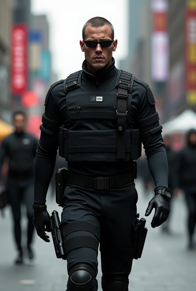 Tactical security man in black uniform wearing black glasses on the streets
