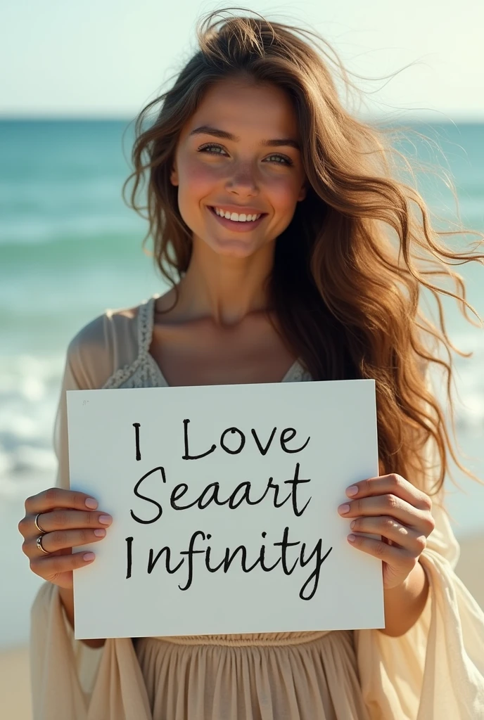 Beautiful girl with wavy long hair, bohemian dress, holding a white board with text "I Love Seaart Infinity" and showing it to the viewer