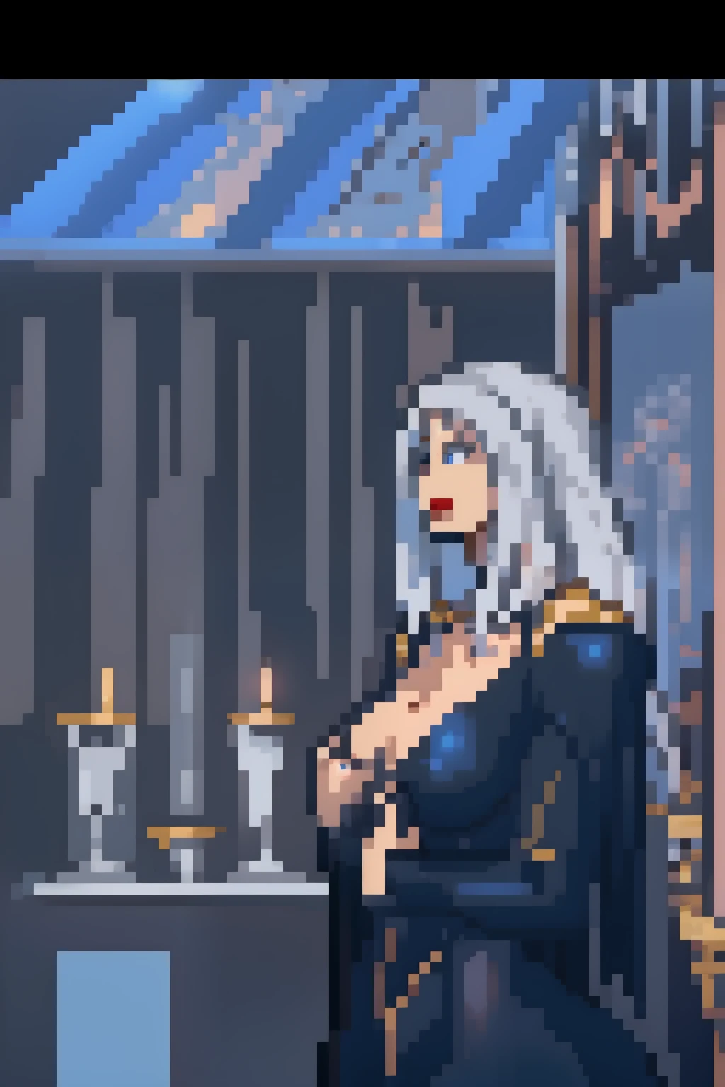 carmilla, medium breasts, black dress. by white, beautiful face, blue eyes, (masterpiece1.2), Best Quality, absurdities, High resolution, extremely detailed wallpaper, perfect lighting, from below, blue eyes, castillo, view of the castle, outdoors, de evening, evening, at night