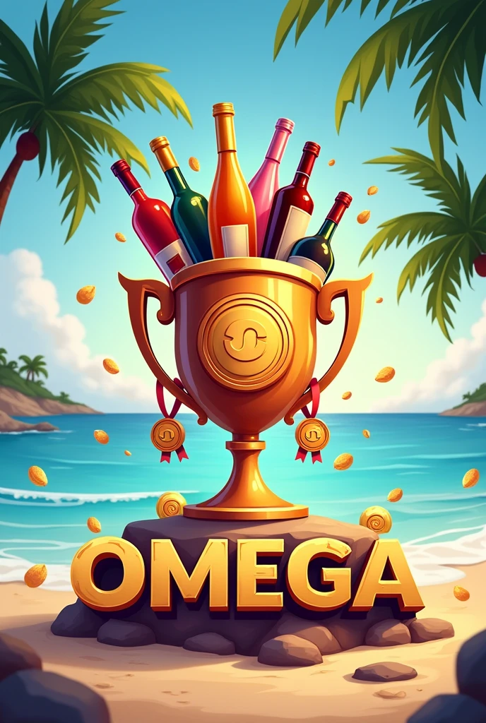 Make me a logo for a team called Omega. May you have a winner&#39;s cup filled with bottles of alcoholic beverages, a medal and that at the bottom is written OMEGA in large size and that in the background you can see the beach 