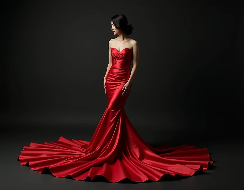 Asian woman mummified in red satin, mermaid-style, fabric clings tightly, immobile, full-body encapsulation, entirety of fabric about 7 meters in length trailing dramatically, overlong satin train, extreme detail on the texture of the satin, highlighting its reflective quality, cinched at the ankle, vibrant red against monochrome background, dramatic lighting, ultra realistic, high-resolution photography.