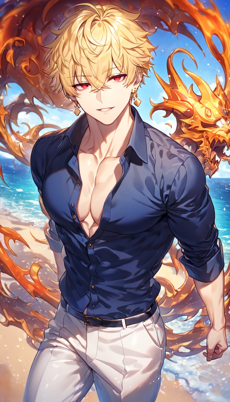 absurdres, highres, ultra detailed, HDR, master piece, best quality, detailed eyes, extremely detailed, delicated features, Gilgamesh, blonde hair, expressive red eyes, Fate Grand Order, solo, sexy man, handsome, manly man, sensual, dark blue shirt, unbuttoned shirt, white pants, golden earrings, magical, fantasy, sea, beach, blue sky