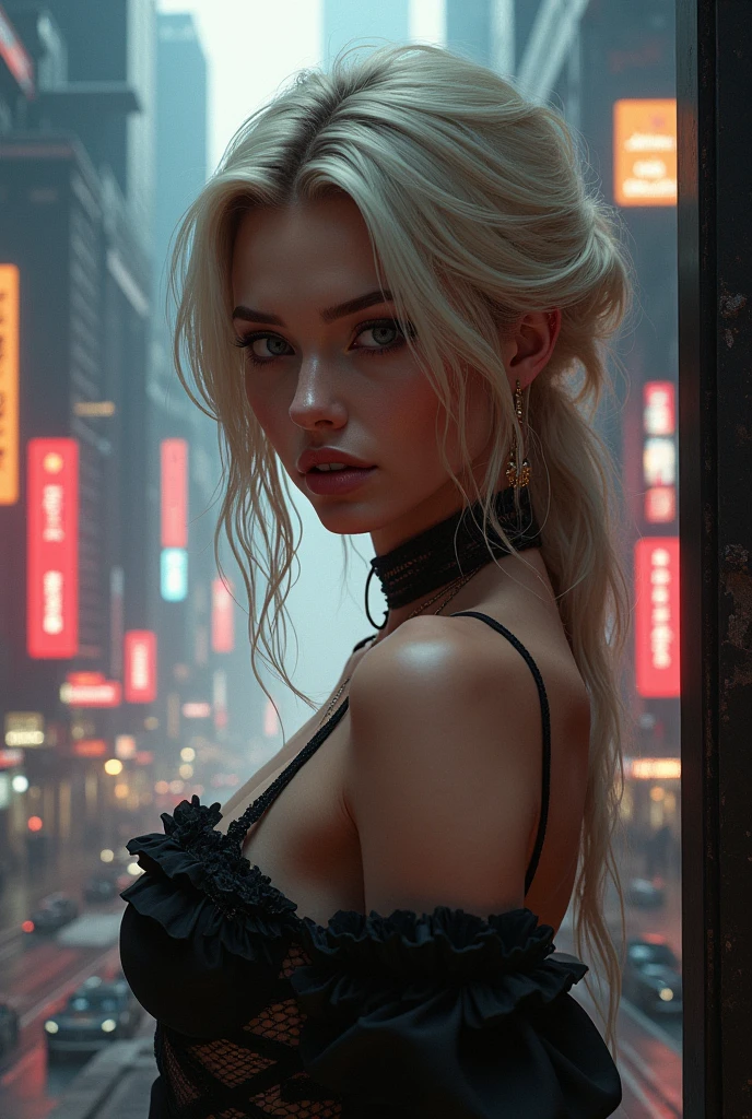 Gothic woman, blonde, background cyberpunk city, sexly, seminua, sorrindo 