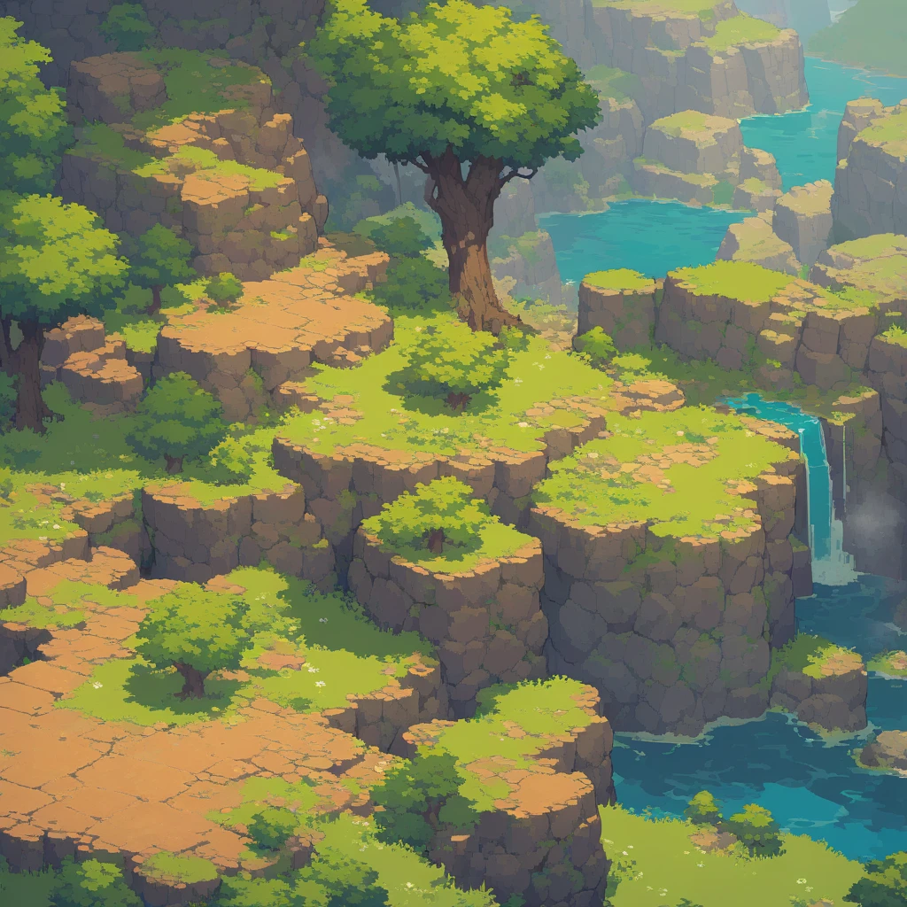 Retro video game style, pixelated, vibrant colors, 8-bit characters, blocky shapes, sharp lines, detailed shading, classic gaming vibe, nostalgic atmosphere, classic arcade games. Masterpiece:1.2, ultra-detailed, illustration style. 2D texture, stone texture, 4K seamless mud texture, video game texture, dirt texture. Game tiles, grass, 3/4th perspective trees, 3/4th perspective tileable rock texture, 3/4th perspective tileable cliff formations, tileable trees, top-down view, tileable texture. Very detailed cliff texture, intricate stones.
Mountain Terrain: Diverse mountain shapes and elevations, including peaks, ridges, and valleys.
Texture Detail: High resolution with intricate details like rocky surfaces, crags, and natural erosion patterns.
Seamless Pattern: Ensure that the edges of the tile seamlessly align with adjacent tiles to create a continuous and coherent mountain range when repeated