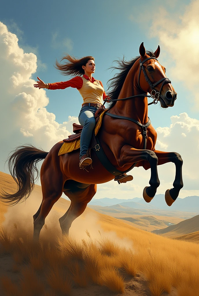 Woman riding horse with hind legs in the air bucking